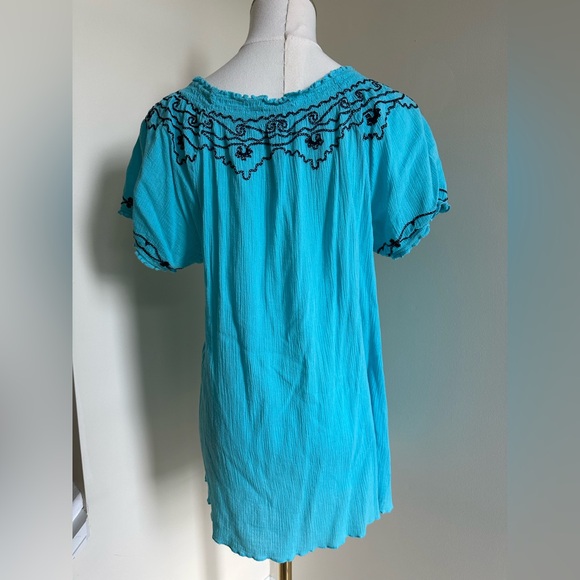 Aqua Peasant Style Short Sleeve Top- Large - Picture 4 of 6